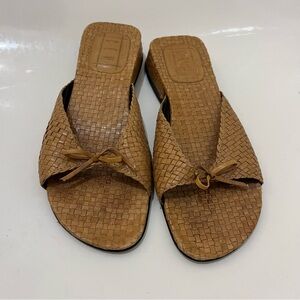 CEM Brown Leather Weave Slip On Sandals, Elegant Tan Woven Women's Slides 7 M‎